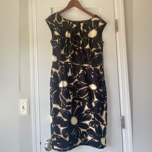 Black and Cream Sheath Midi Dress with Bateau Neckline
